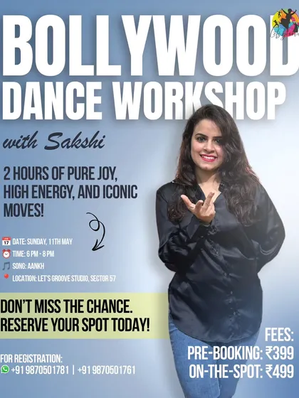 Ready to channel your inner Bollywood star? This poster for our workshop with Sakshi has all the details you need to join us for two hours of pure joy, high energy, and iconic moves.