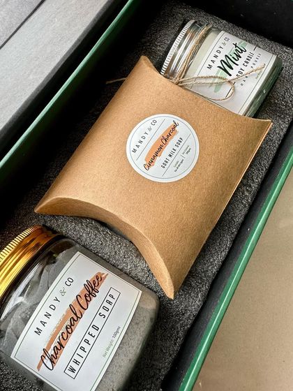 Another luxurious gift box for him, this one contains a Charcoal Coffee Whipped Soap, a Cinnamon Charcoal Goat Milk Soap, and a Mint Soy Candle.