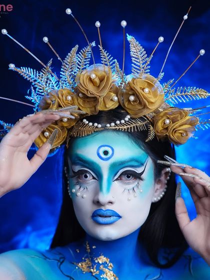 This shot captures the full effect of the fantasy makeup, from the dramatic eyes to the elaborate headpiece.