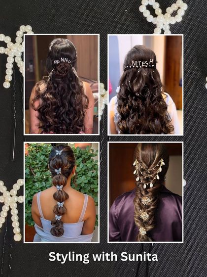 A collection of beautiful hair accessories for the bride, from personalized hair pins to butterfly clips for bubble braids and jeweled braid adornments.