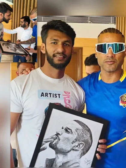 Meeting the one and only Shikhar Dhawan and gifting him a portrait. His reaction was priceless, a truly memorable moment for me as an artist and a fan.