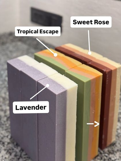 A look at three of our signature soaps: the calming Lavender, the vibrant Tropical Escape, and the floral Sweet Rose. Each one is a customer favorite.