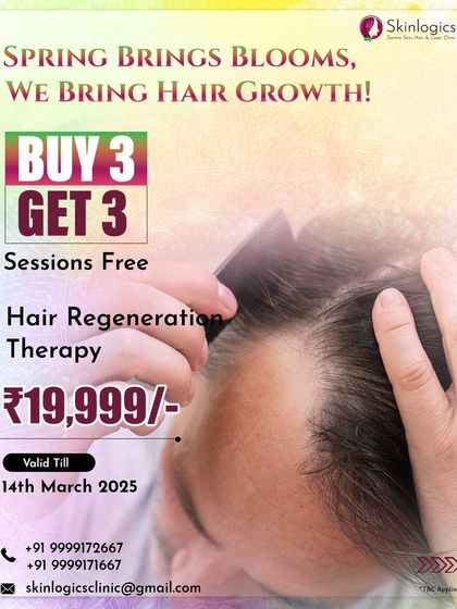 Our spring offer for hair regeneration therapy provides a "Buy 3, Get 3 Free" package. This is an ideal opportunity to begin a consistent treatment plan to address hair thinning and promote new growth as you head into the new season.