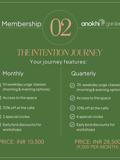 Details of "The Intention Journey" membership package. This plan offers monthly and quarterly options with access to weekday classes, special circles, and cafe discounts.