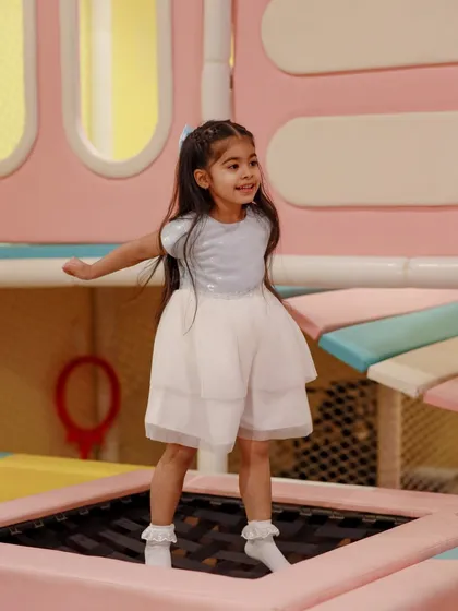 Bouncing with joy on the trampoline. Even our princess and fairy guests love to get active and play.