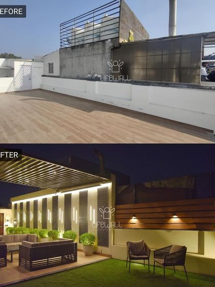 From a bare deck to a cozy, inviting lounge. This transformation shows how a pergola, a feature wall with vertical lights, and comfortable seating can create a perfect outdoor room.