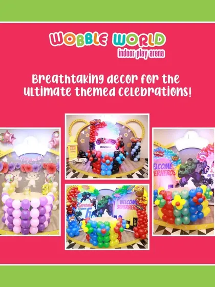 A collage showcasing the variety of our breathtaking themed decor. You can see setups for unicorn, "Cars," and superhero parties, demonstrating our versatility.