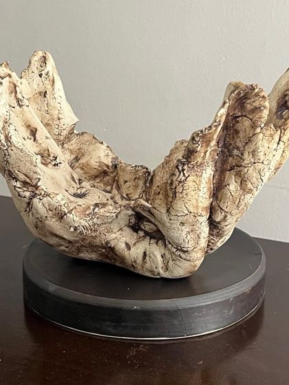 A sculptural bowl with a cracked, earthy texture that looks like ancient wood. It rests on a modern, dark base, creating a beautiful contrast.