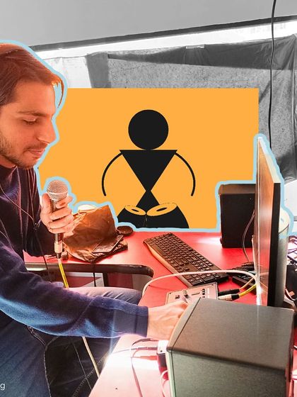 An audio production student practices recording vocals and using mixing equipment inside the mobile studio. The bus provides a unique, practical environment to apply classroom learning to real-world scenarios.