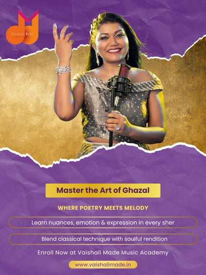 Ghazal is a beautiful art form where poetry meets melody. In this specialized course, you will learn the nuances of emotion and expression in every 'sher' (couplet), blending classical technique with soulful rendition.