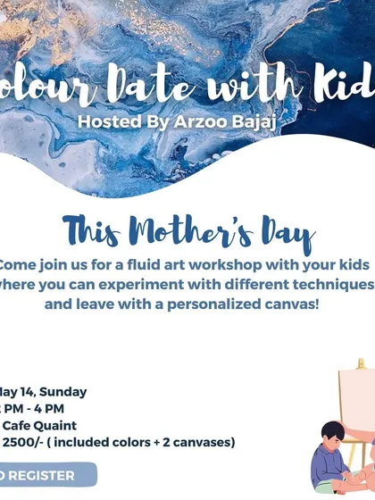I believe art is a wonderful way for families to connect. This is an invitation for a special Mother's Day fluid art workshop I hosted, a 'Colour Date with Kids', designed for moms and their little ones to create and bond together.