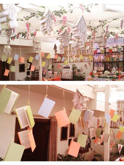 Hanging book decorations from the book-themed baby shower. I used open books to create mobiles and garlands, fully immersing the space in the literary theme.