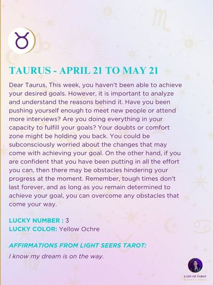 A weekly tarot forecast for Taurus. You haven't been able to achieve your desired goals, and it's important to analyze why. Be honest about whether you've been pushing yourself enough or if subconscious worries are holding you back.