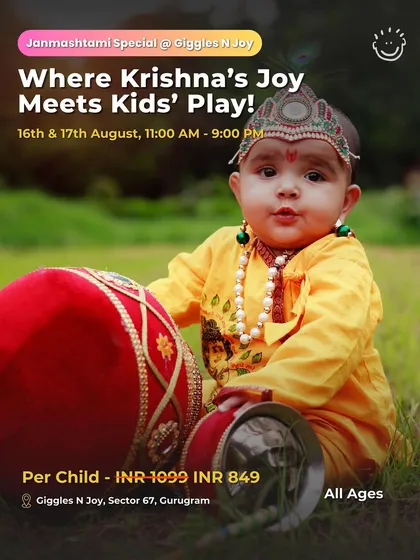 A cute poster for the Janmashtami Special at Giggles N Joy, featuring a baby dressed as Krishna.