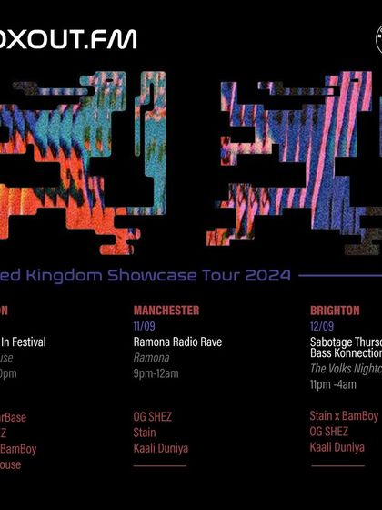 The flyer for the Boxout.fm UK Showcase Tour, with dates in London, Manchester, and Brighton. I manage and execute international tours for our collective of artists.