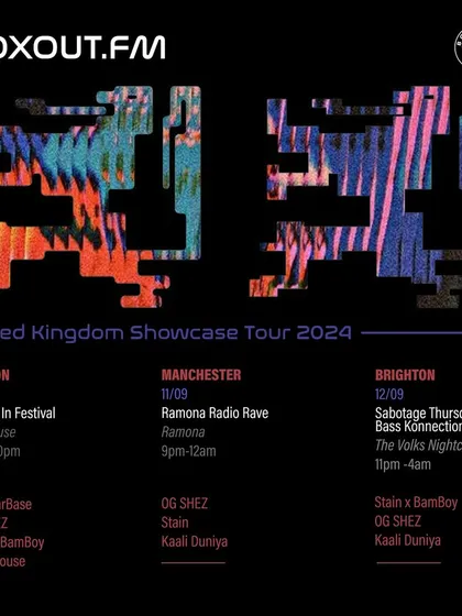 The flyer for the Boxout.fm UK Showcase Tour, with dates in London, Manchester, and Brighton. I manage and execute international tours for our collective of artists.