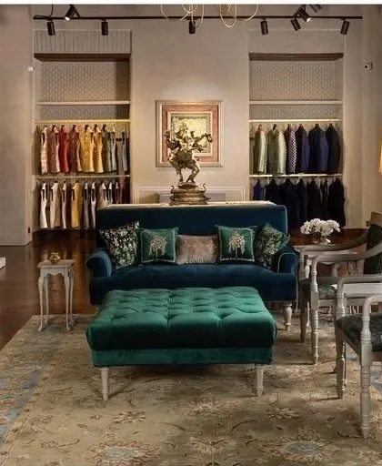 For this high-end clothing boutique, I crafted the luxurious velvet sofas and tufted ottoman. The furniture was designed to provide a comfortable and opulent seating area for customers, enhancing the store's premium feel.