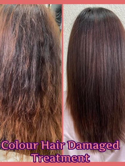 A before and after showing a treatment for damaged, colored hair, restoring its health and smoothness.