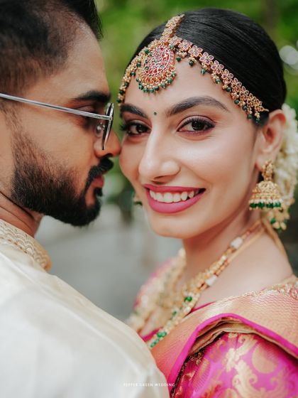 A beautiful close-up of the bride looking at her groom, her smile radiant and full of love.