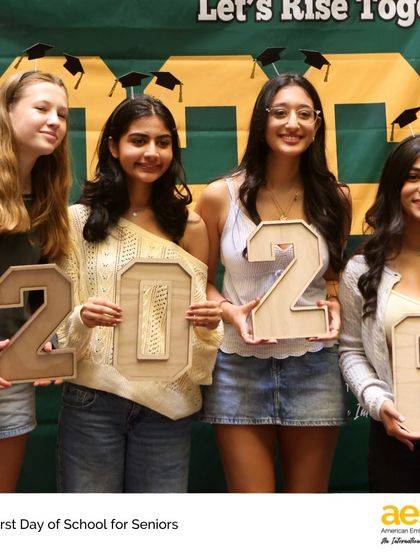 Seniors from the Class of 2026 celebrate their 'Last First Day of School'. We mark this important milestone with a special photo booth and celebration to honor the beginning of their final year at AES.