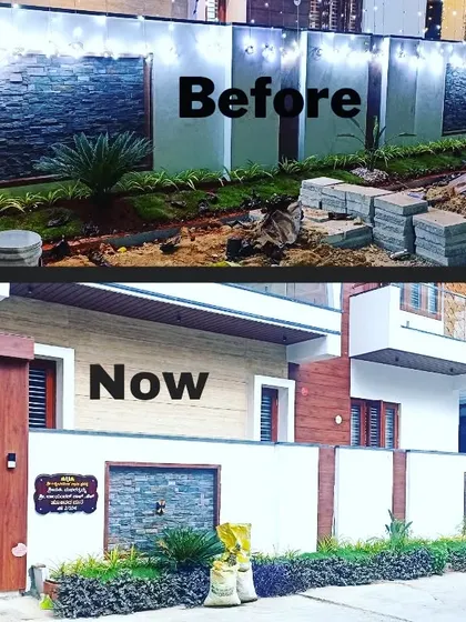 This shows the exterior transformation of a property's boundary wall. I replaced a temporary setup with a finished wall featuring integrated stone cladding panels and low-maintenance garden beds for a polished look.