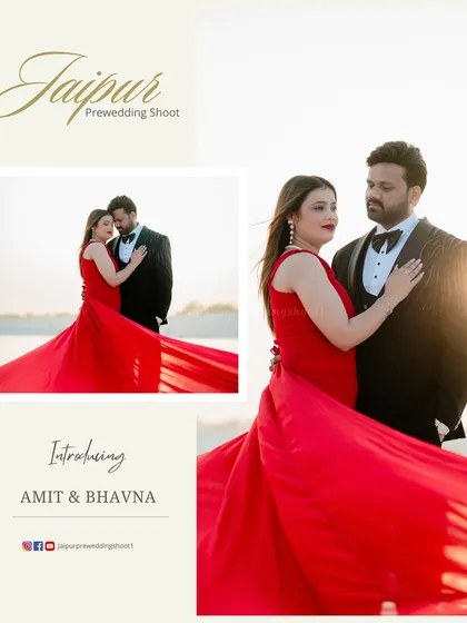 An introductory image for Amit and Bhavna, featuring a classic pose with a flowing red gown against the unique white landscape, perfect for a cinematic pre-wedding feel.