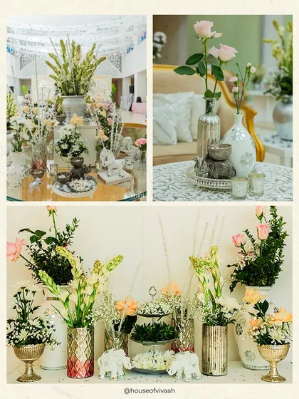 A collage of the delicate floral and silver details from the Haldi, showcasing the intricate styling of the console tables and lounge areas.