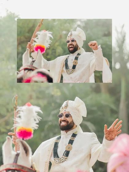 A collage of the groom's Baraat, his face lit with a huge smile as he celebrates on a horse.