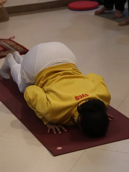 A student practices the eight limbed pose, a key transition that builds arm and core strength.