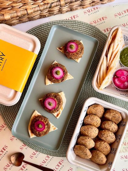 My ready-to-cook Galouti Kebabs are perfect for an easy yet impressive appetizer. The image shows the kebabs before and after cooking, served on mini flatbreads with pickled onions and mint chutney.