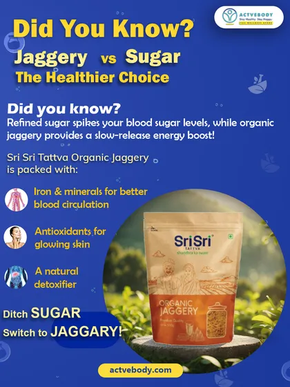 Jaggery vs. Sugar: which is healthier? This infographic explains that organic jaggery provides a slow-release energy boost compared to refined sugar and is packed with iron, minerals, and antioxidants for glowing skin.