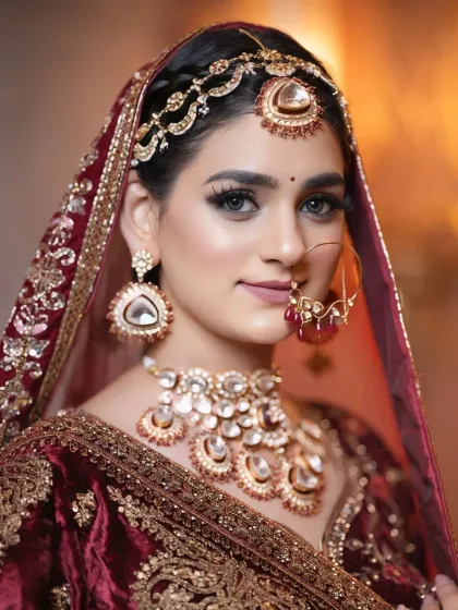A regal portrait of a bride in a deep velvet lehenga. The makeup is sophisticated, with defined eyes and a gentle smile, creating a look of royal elegance.