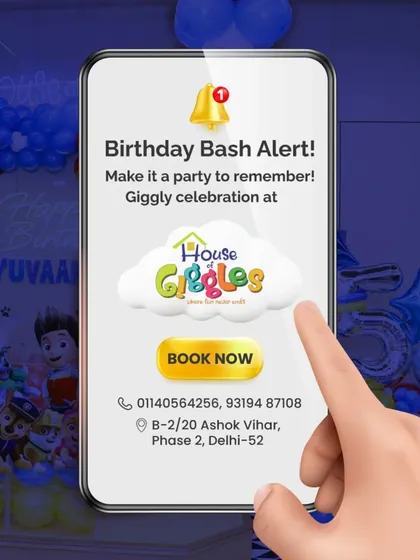 This is your birthday bash alert! This graphic serves as a fun reminder to book your party at House of Giggles. Just one click and you can start planning a party to remember.