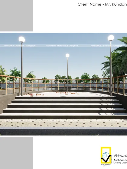 The design for a small amphitheater-style seating area overlooking the artificial lake. This space was planned for community gatherings or quiet contemplation.