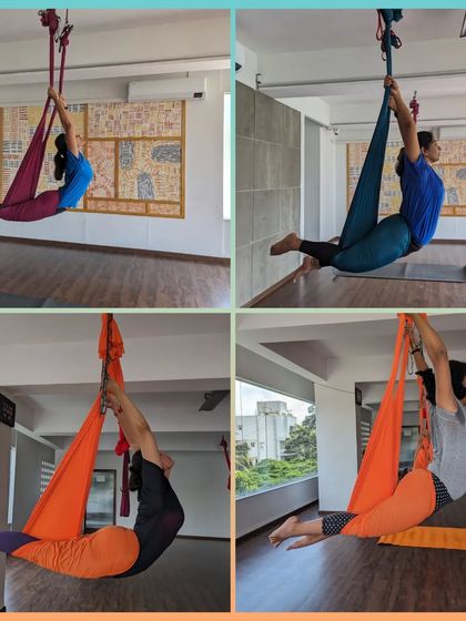 A collage of students in a supported warrior pose variation, flying through the air.