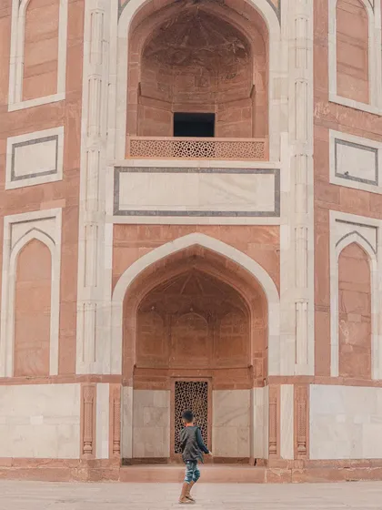 This wide shot shows the grandeur of Mughal architecture at Humayun's Tomb. I often use these establishing shots to set the scene for a portrait series.