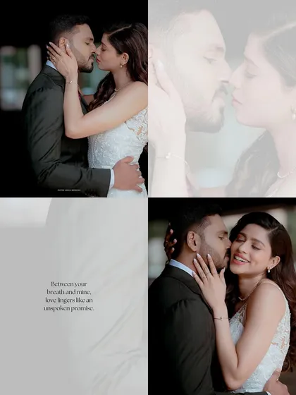A collage of Abi and Aleena's romantic wedding portraits. The mix of color and monochrome, along with the poetic text, creates a beautiful, artistic summary of their love.