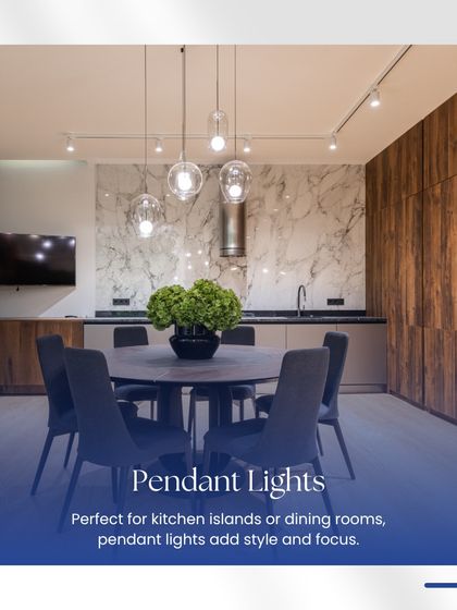 Pendant lights are perfect for kitchen islands or dining rooms. They add style and provide focused light for tasks, as shown in this modern dining space with a beautiful cluster of pendants.