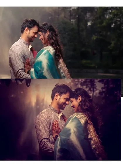 An artistic album spread showing our creative editing, with two versions of a romantic portrait to create a dramatic effect.