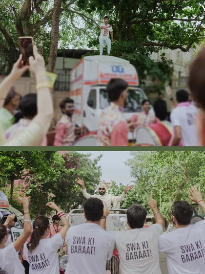 The groom's energetic baraat, with friends and family dancing and celebrating in custom "Swa Ki Baraat" t-shirts. These shots are full of life, joy, and infectious energy.
