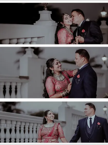 A collage of a couple sharing romantic moments at their reception. It captures a kiss, a shared laugh, and a walk together, telling the story of their evening.