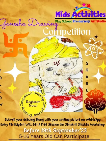 We're celebrating Ganesh Chaturthi with a drawing competition. We invite all kids aged 5-16 to submit their creative drawings of Ganpati Bappa for a chance to win a free Sanskrit Shlokas workshop.