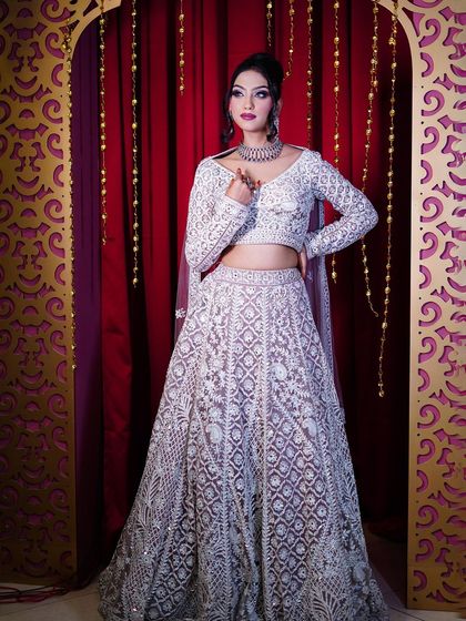 A full-length view of the pastel lehenga, showcasing its elegant and contemporary design.