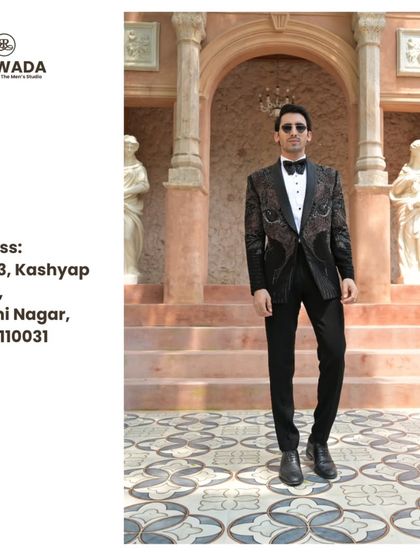 This image provides the full look and our studio address, inviting you to experience our unique designs firsthand.