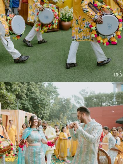 The celebration begins with the beat of the dhol as the couple makes their entrance at their Chandigarh Haldi.