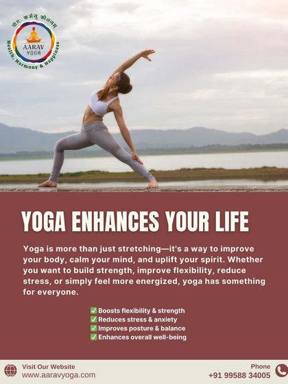 This visual of a practitioner in a graceful side-angle pose by the water explains how yoga enhances life by boosting flexibility, reducing stress, and improving posture.