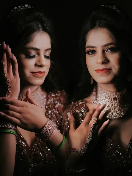 A creative multi-image portrait of the bride, showcasing her beautiful makeup and henna details from different angles.