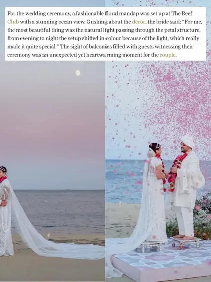 A feature from Condé Nast Traveller showcasing a fashionable floral mandap we designed with a stunning ocean view, where the natural light played a key role in the decor.