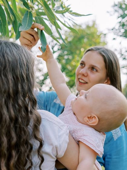 Siblings exploring nature together, reaching for leaves on a tree. A moment of shared discovery.