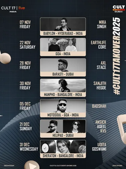This is what a CULT 17 takeover looks like. We plan and execute multi-city, multi-artist tours across India and Dubai, managing complex schedules, venues, and logistics to create a cohesive and powerful tour experience.